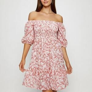 HYFVE, L, Coral Floral Print, Smocked Puff Sleeve Mini Dress